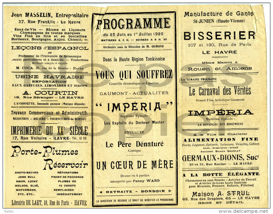 Programme CINEMA MUET Juillet 1920 Gaumont Le Havre - Programmes