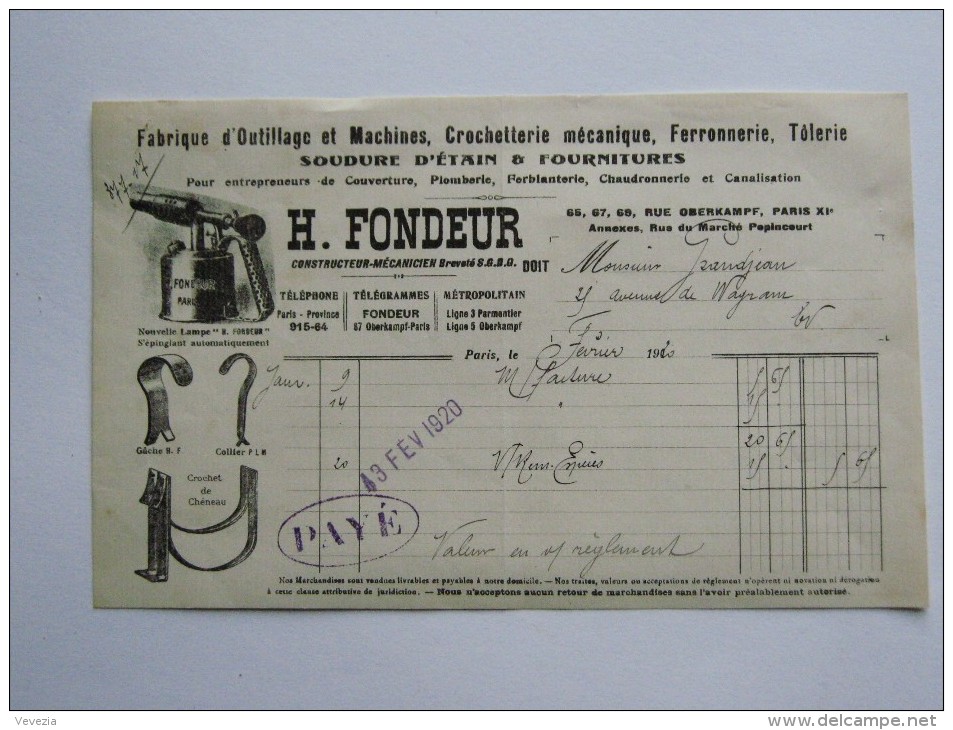 1920, FACTURE A EN-TETE " H.FONDEUR",PARIS,RUE OBERKAMPF,FABRIQUE D'OUTILLAGE,FERRONNERIE,SOUDURE,CROCHETTERIE MECANIQUE - Petits Métiers