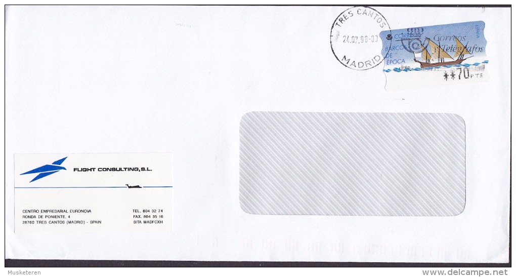 Spain FLIGHT CONSULTING, TRES CANTOS Madrid 1998 Cover Letra ATM / Frama Label Barcos De Época Schiff Ship - Maschinenstempel (EMA)