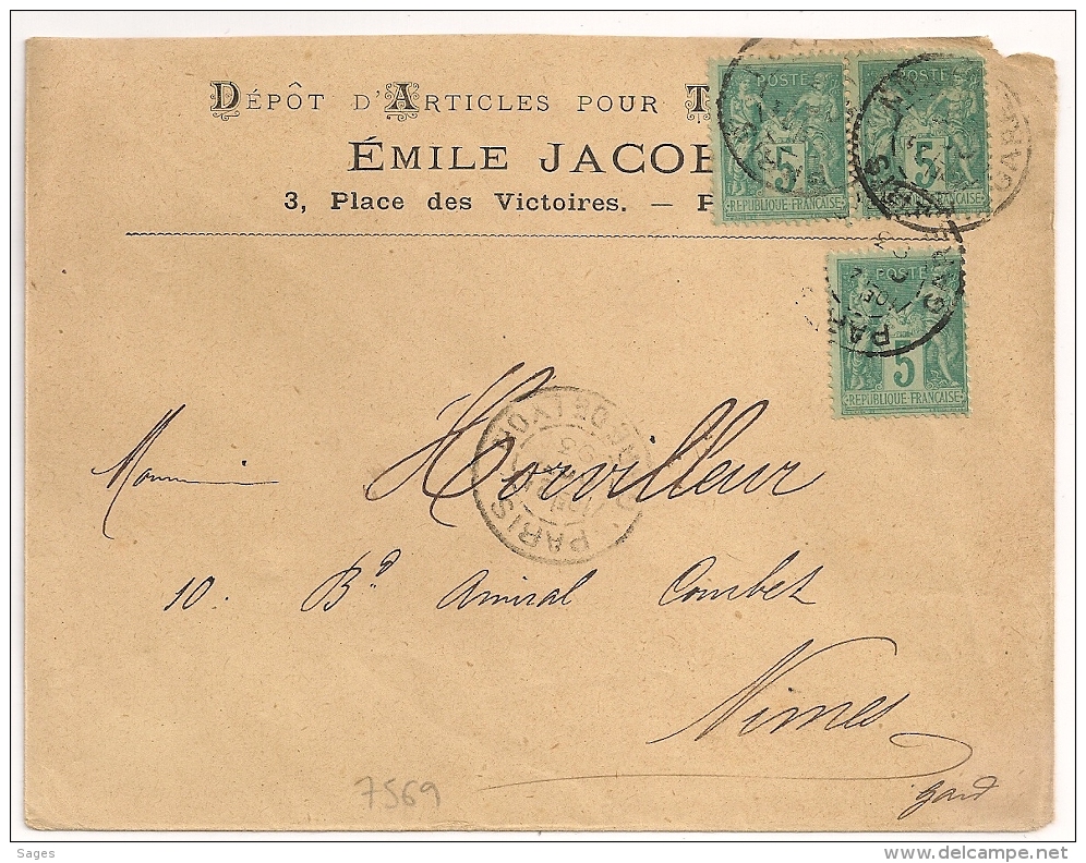PARIS  GARE DE LYON Sur Enveloppe SAGE Emile JACOB. - 1877-1920: Période Semi Moderne