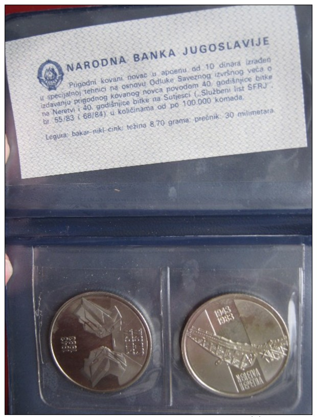 YUGOSLAVIA 2x Coins 10 Dinars 1983 Neretva & 10 Dinars 1983 Sutjeska Offical UNC Set In Folder - Yougoslavie