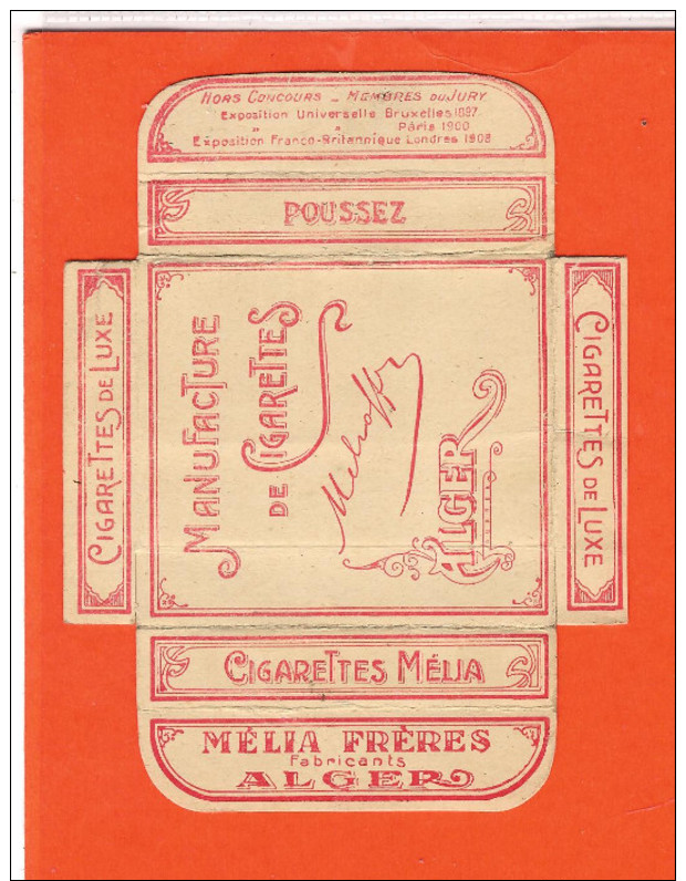 ALGER- Ancien Emballage étalé, En Carton,  De Paquet De Cigarettes Algériennes Mélia  (2 Scans) - Etuis à Cigarettes Vides