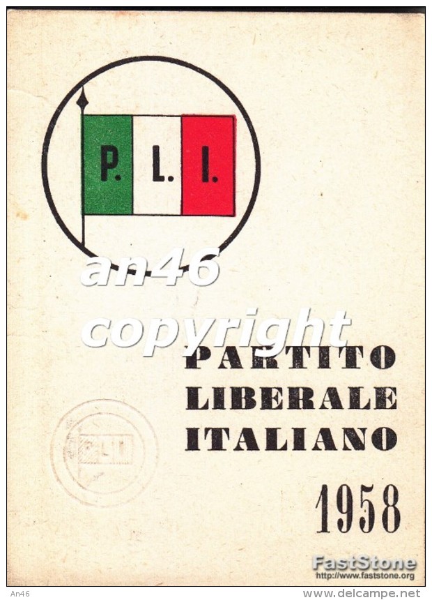 TESSERA-PARTITO LIBERALE ITALIANO 1958-P.L.I.-VEDI OFFERTA SPECIALE IN SPESE DI SPEDIZIONE - Documenti Storici