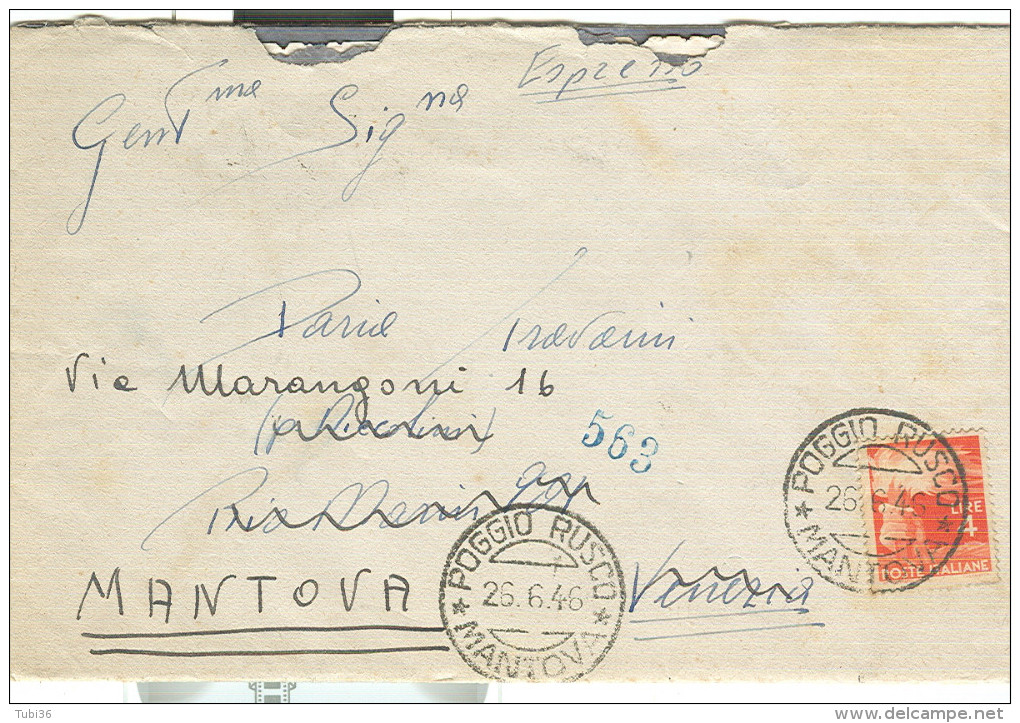 DEMOCRATICA £.4 - ISOLATO TARIFFA LETTERA, 1946, POSTE POGGIO RUSCO,MANTOVA,VENEZIA TARGHETTA,MESS. BOLOGNA-BRENNERO - 1946-60: Storia Postale