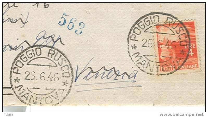 DEMOCRATICA £.4 - ISOLATO TARIFFA LETTERA, 1946, POSTE POGGIO RUSCO,MANTOVA,VENEZIA TARGHETTA,MESS. BOLOGNA-BRENNERO - 1946-60: Storia Postale