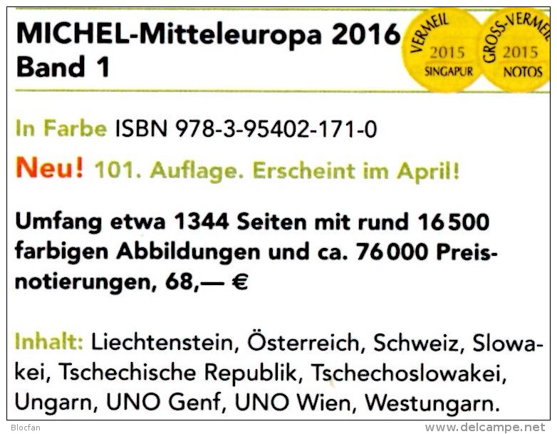 Europa Band 1 MICHEL 2016 Neu 68€ Katalog Mitteleuropa Austria Schweiz UN Genf Wien CZ CSR Ungarn Liechtenstein Slowakei - Bücher & Kataloge