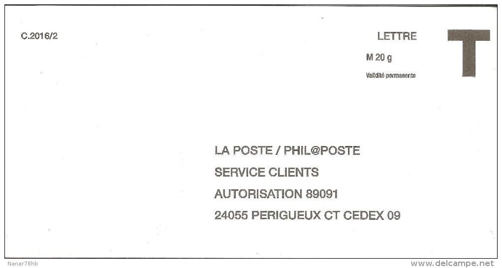 Enveloppe Réponse T La Poste/phil@poste Validité Permanente 20gr (C.2016/2) - Cartes/Enveloppes Réponse T