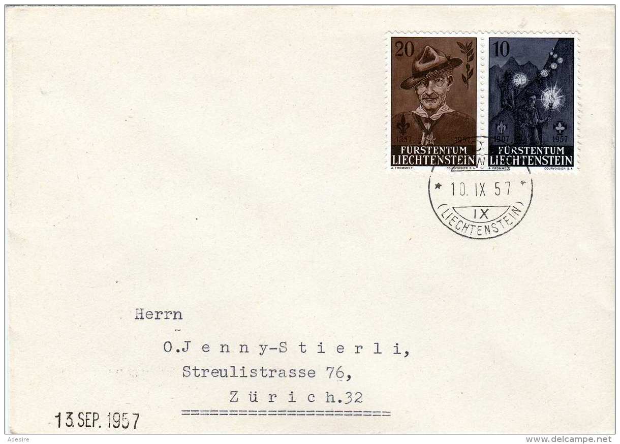 LIECHTENSTEIN 1957 - 10 + 20 Rp 50 Jahre Pfadfinderbewegung Auf Brief Gel.nach Zürich - Briefe U. Dokumente
