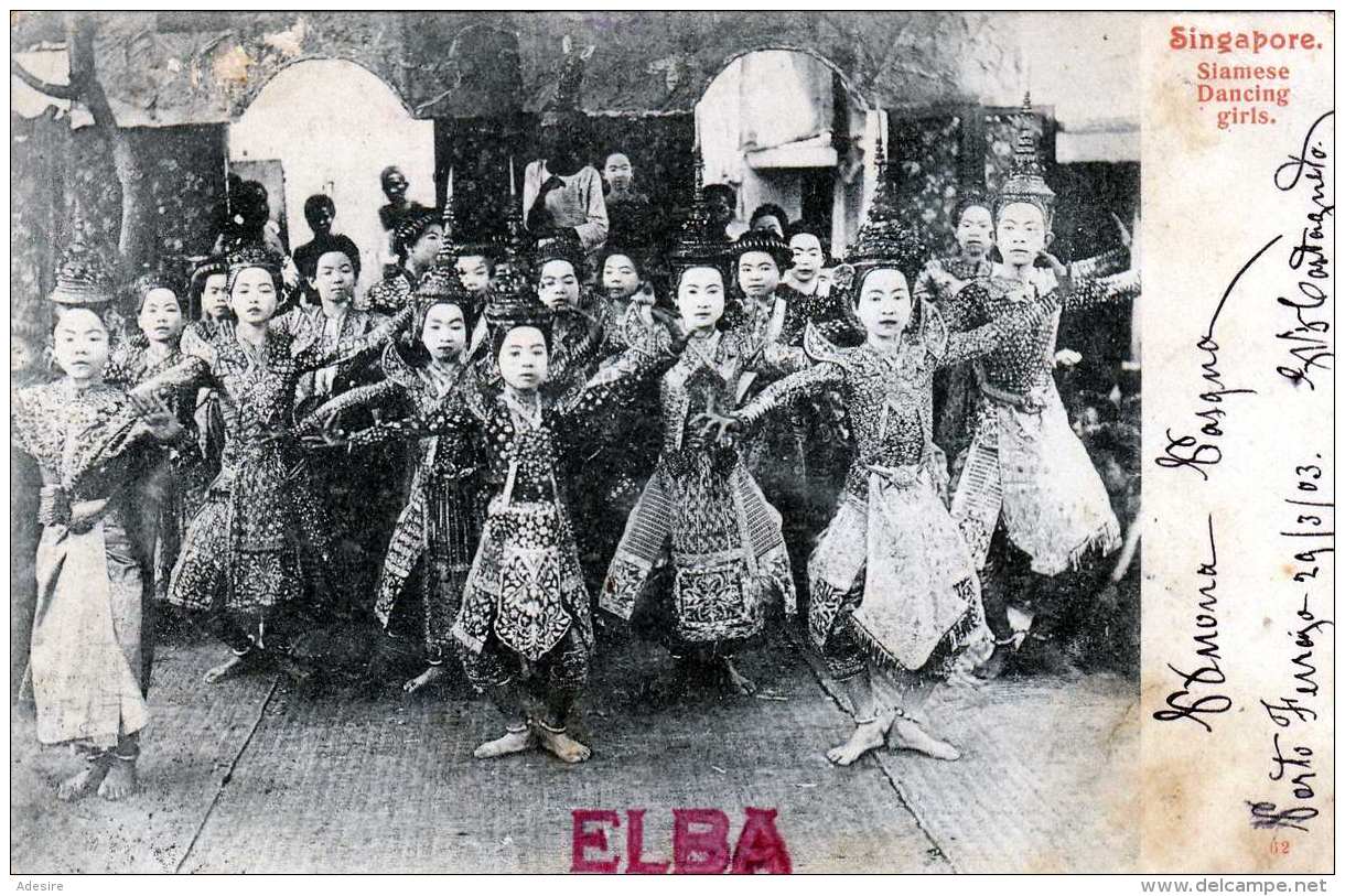 SINGAPUR - Siamese Dancing Girls, Karte Gel.1903 Nach Genova, Stempel Postale Italiano??, Abgelöste Marke - Singapour