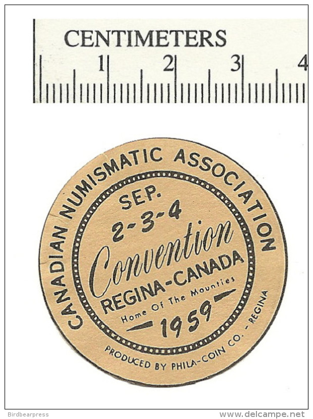 B31-38 CANADA Regina 1959 Numismatic Convention Used Crease - Vignettes Locales Et Privées