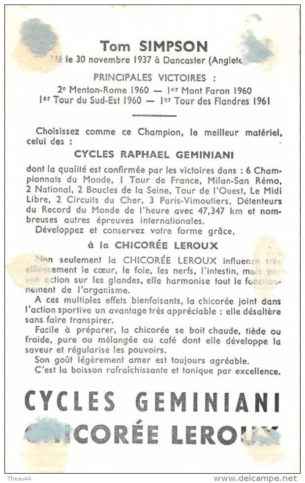 Cyclisme - Coureur Cycliste " Tom SIMPSON " Né En 1937 à DANCASTER (Angleterre)   - Gitane , Geminiani , Leroux - Cyclisme