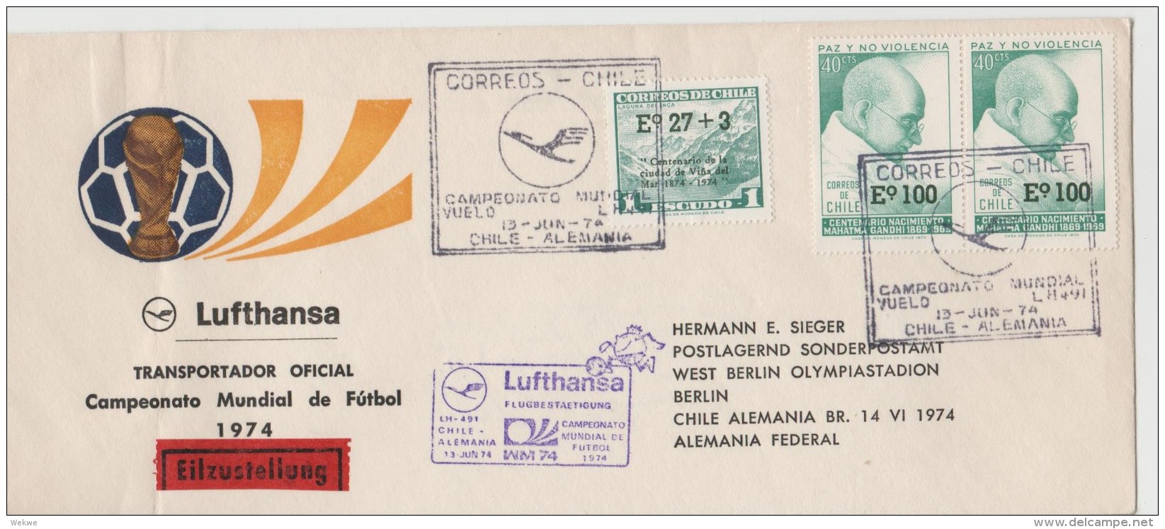 460 /  - GANDHI  - Brief Mit Fussball WM 1974  (Campeonato Mundial) Per LH-Sonderflug Und Eilboten Nach Berlin - Briefe U. Dokumente