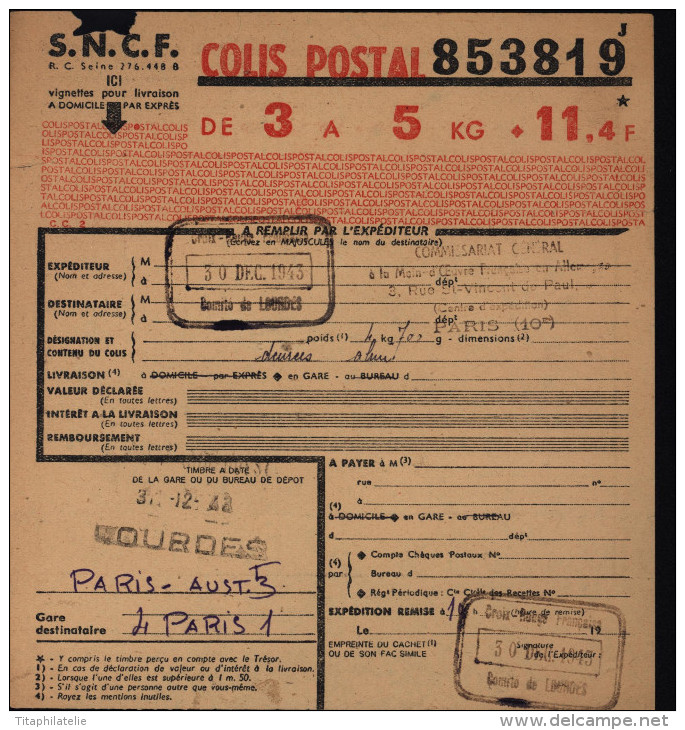 Guerre 39/45 Croix Rouge Colis Prisonniers SNCF Commissariat à La Main D´oeuvre En Allemagne STO Récépissé Colis - Documents Historiques