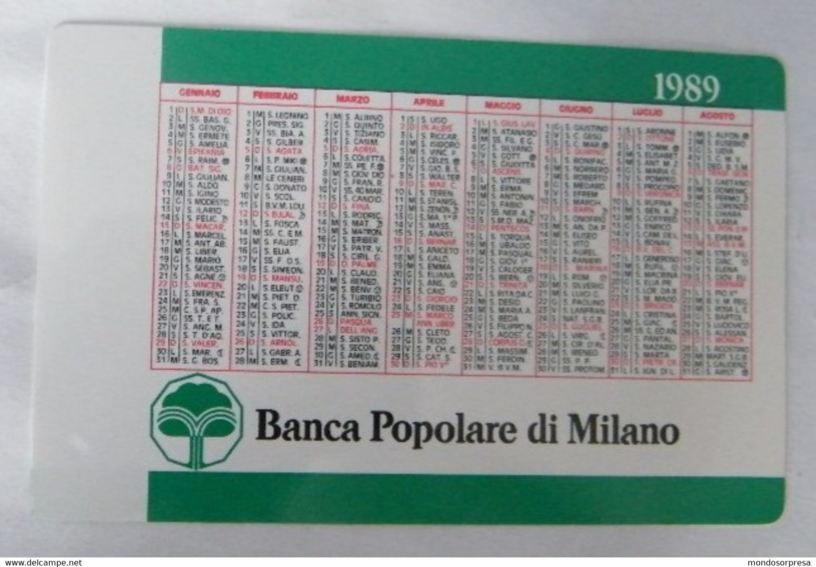 DB30- CALENDARIETTO, CALENDARIO TASCABILE, BANCA POPOLARE MILANO 1989 - Formato Piccolo : 1981-90