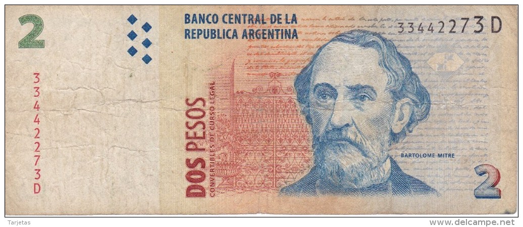 BILLETE DE ARGENTINA DE 2 PESOS CONVERTIBLES - BARTOLOME MITRE (BANKNOTE) - Argentina