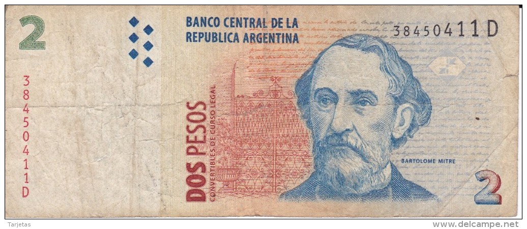 BILLETE DE ARGENTINA DE 2 PESOS CONVERTIBLES - BARTOLOME MITRE (BANKNOTE) - Argentina