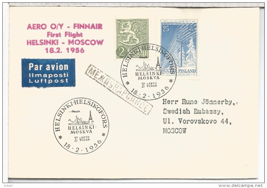 FINLANDIA 1956 PRIMER VUELO HELSINKI MOSCU AL DORSO LLEGADA - Used Stamps