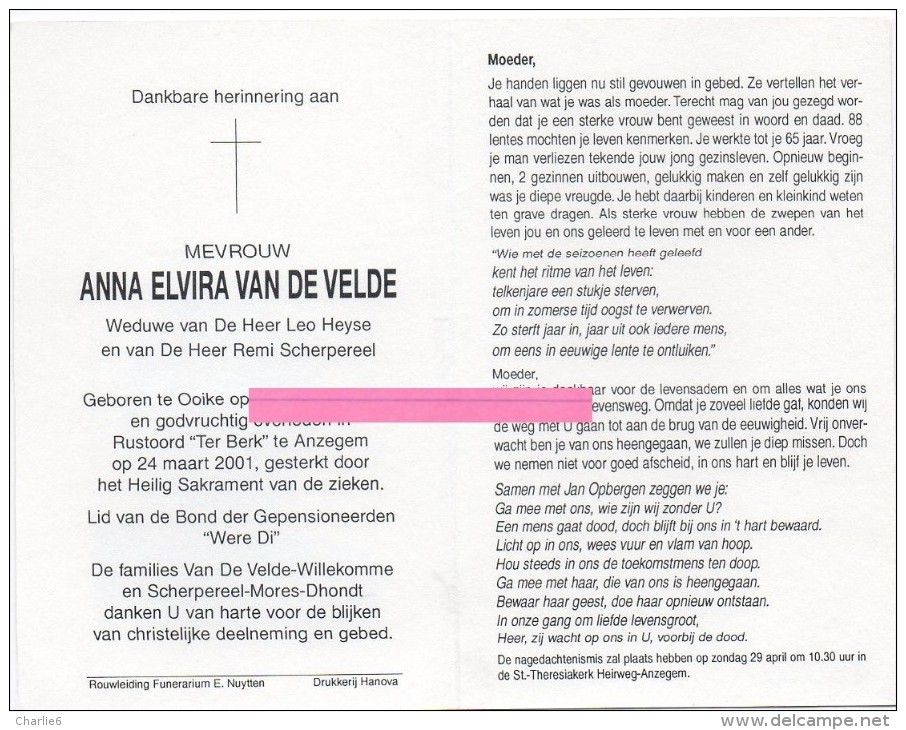 Van De Velde Anna Elvira Heyse Scherpereel Willekomme Mores Dhondt Ooike  Bidprentje Doodsprentje - Religion &  Esoterik