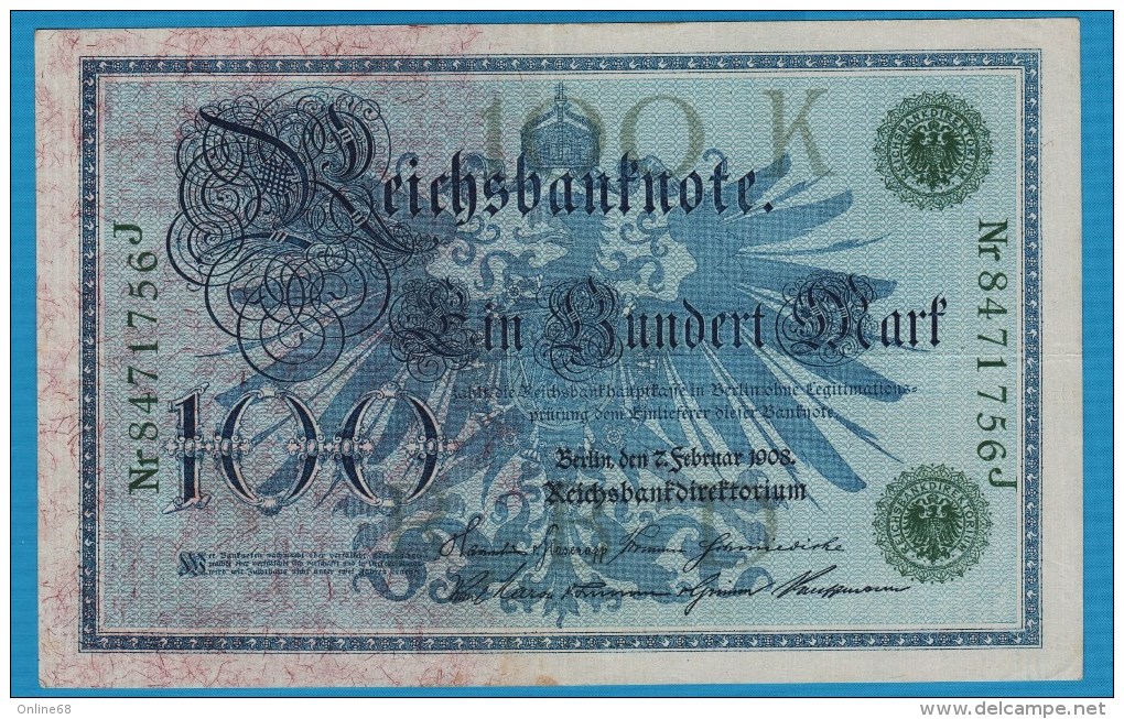 DEUTSCHES REICH 100 MARK 7.02.1908  Alpha 8471756J   P#34 - 100 Mark