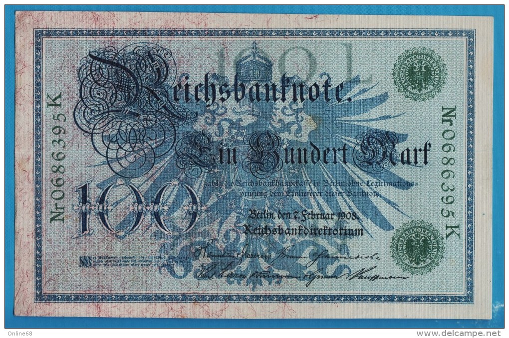 DEUTSCHES REICH 100 MARK 7.02.1908  Alpha 0686395K   P#34 - 100 Mark