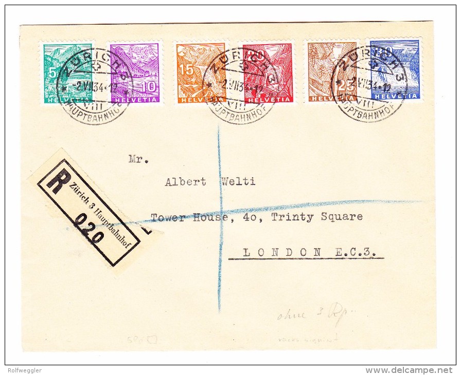 Schweiz #195-200 (ohne 194) Zürich 2.7.1934 FDC R-Brief Nach London - Lettres & Documents