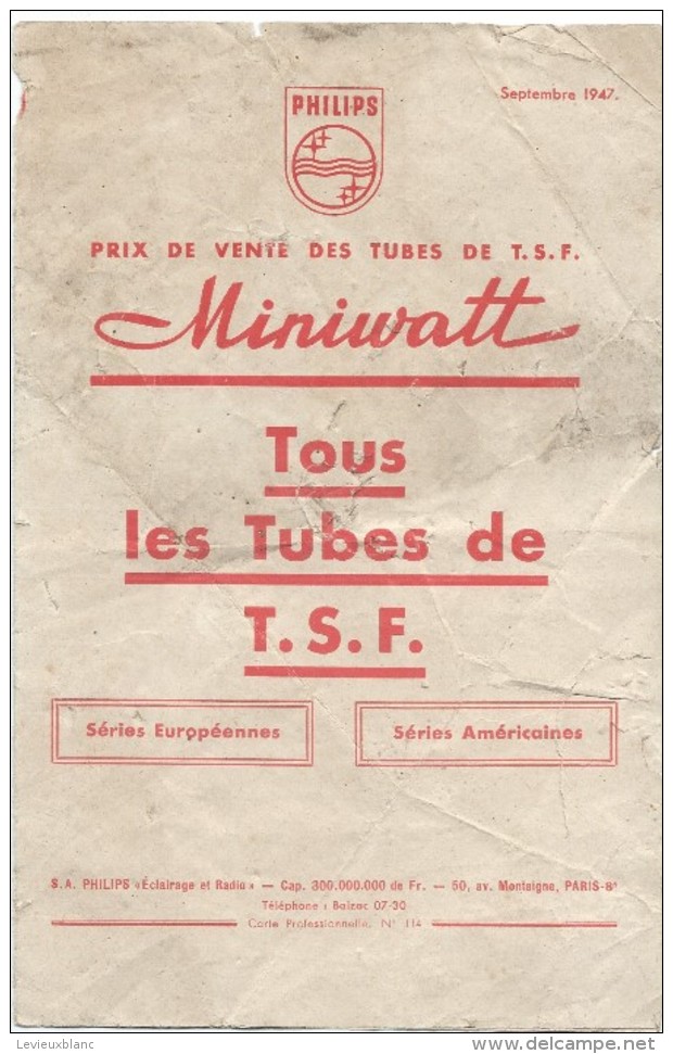 Philips/ Tubes De TSF/Miniwatt/Tarifs / 1947          GEF66 - Electricidad & Gas