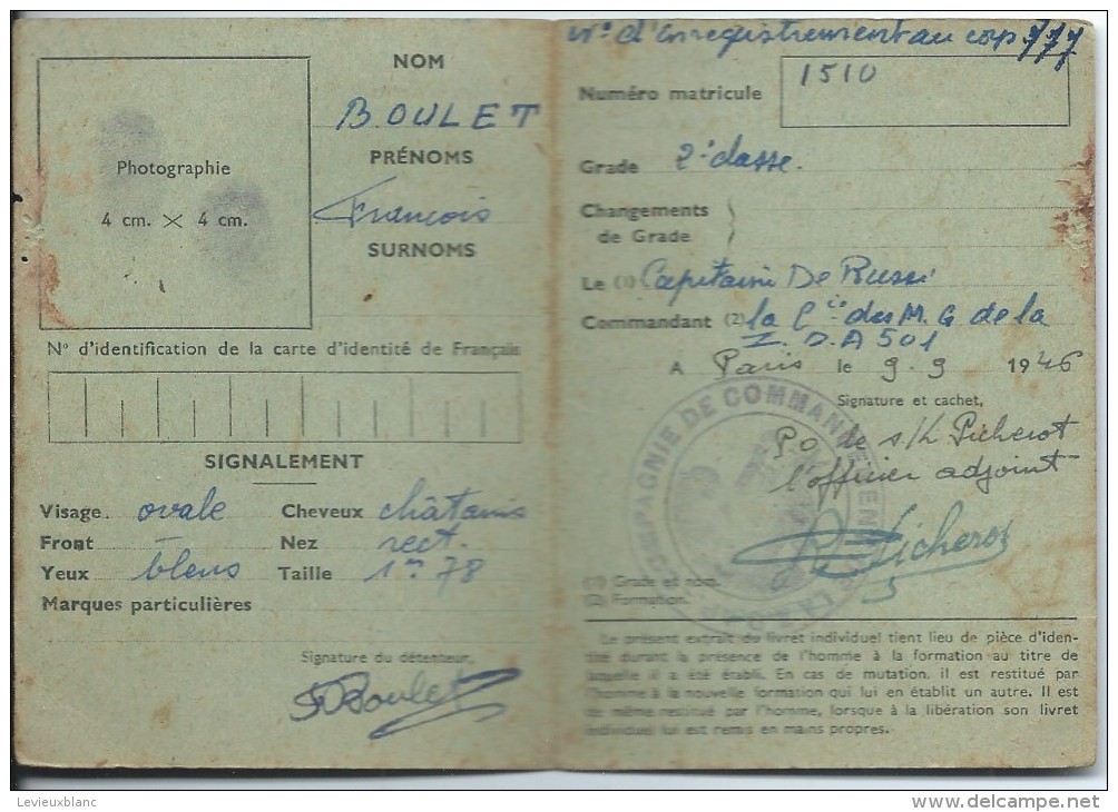 Armée De L´Air / Carte /Extrait DuLivret Individuel / Défense Aérienne Du Territoire/François BOULET/ 1946   OL73 - Fliegerei