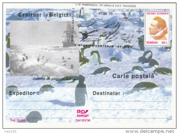 BELGICA ANTARCTIC EXPEDITION, SHIP, PENGUINS, WHALE, H. SOMERS, PC STATIONERY, ENTIER POSTAL, 1998, ROMANIA - Spedizioni Antartiche