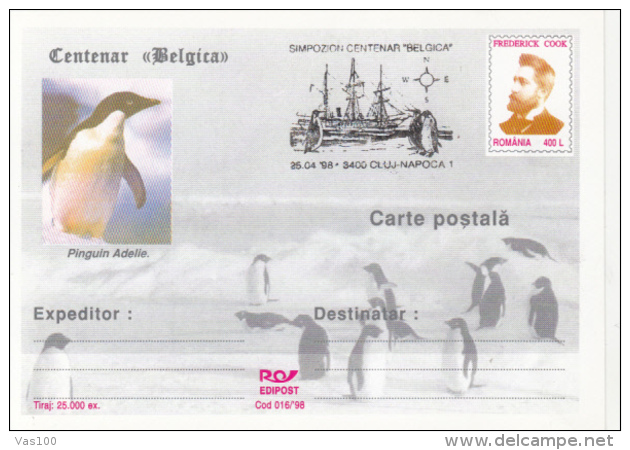 BELGICA ANTARCTIC EXPEDITION, SHIP, PENGUINS, F. COOK, PC STATIONERY, ENTIER POSTAL, 1998, ROMANIA - Antarctische Expedities