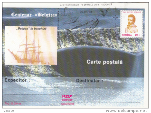 BELGICA ANTARCTIC EXPEDITION, SHIP, WHALE, V. RYSSELBERGHE, PC STATIONERY, ENTIER POSTAL, 1998, ROMANIA - Spedizioni Antartiche