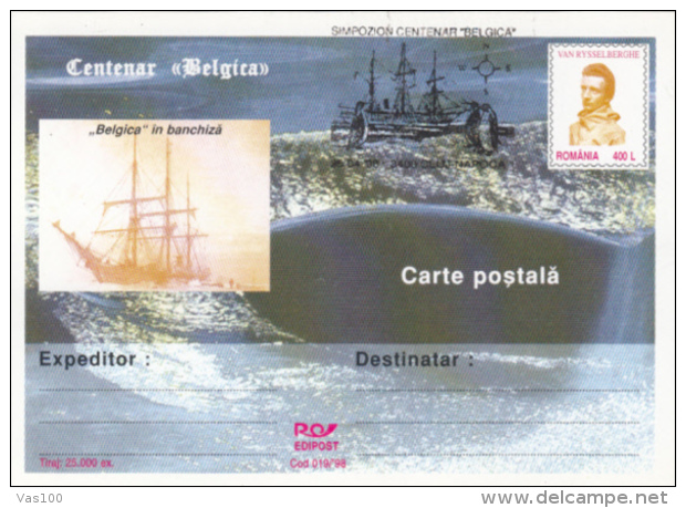 BELGICA ANTARCTIC EXPEDITION, SHIP, WHALE, PENGUINS, V. RYSSELBERGHE, PC STATIONERY, ENTIER POSTAL, 1998, ROMANIA - Antarctische Expedities