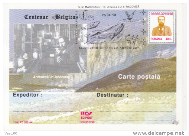 BELGICA ANTARCTIC EXPEDITION, SHIP, WHALE, PENGUINS, H. ARCTOWSKI, PC STATIONERY, ENTIER POSTAL, 1998, ROMANIA - Spedizioni Antartiche