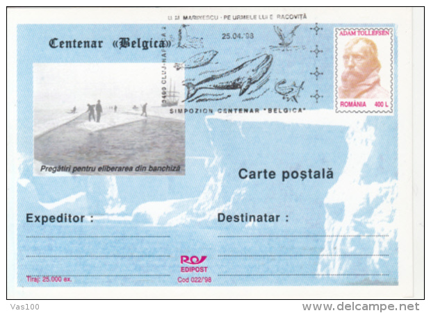 BELGICA ANTARCTIC EXPEDITION, SHIP, WHALE, PENGUINS, A. TOLLEFSEN, PC STATIONERY, ENTIER POSTAL, 1998, ROMANIA - Spedizioni Antartiche