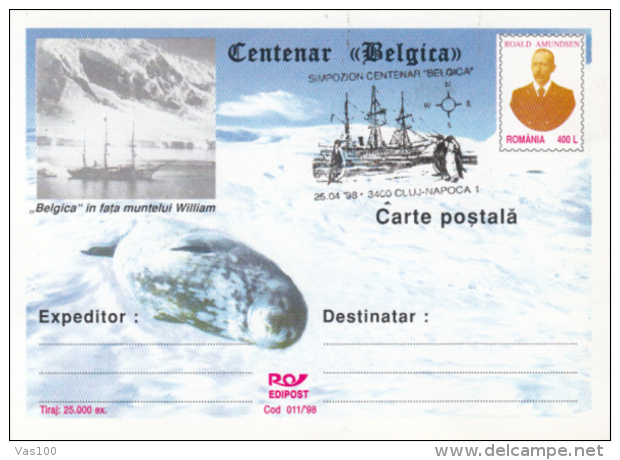 BELGICA ANTARCTIC EXPEDITION, SHIP, SEAL, PENGUINS, R. AMUNDSEN, PC STATIONERY, ENTIER POSTAL, 1998, ROMANIA - Antarctische Expedities