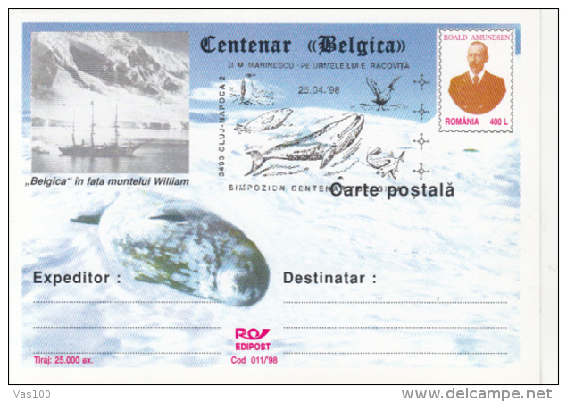 BELGICA ANTARCTIC EXPEDITION, SHIP, SEAL, R. AMUNDSEN, PC STATIONERY, ENTIER POSTAL, 1998, ROMANIA - Antarctische Expedities