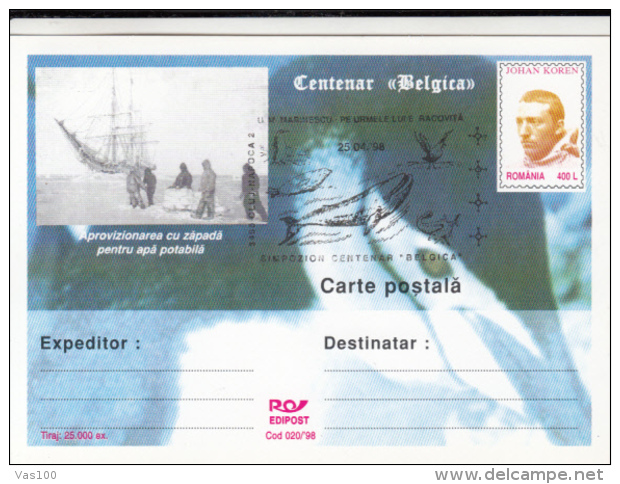 BELGICA ANTARCTIC EXPEDITION, SHIP, PENGUINS, J. KOREN, PC STATIONERY, ENTIER POSTAL, 1998, ROMANIA - Antarctische Expedities