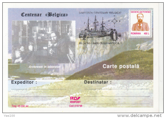 BELGICA ANTARCTIC EXPEDITION, SHIP, PENGUINS, H. ARCTOWSKI, PC STATIONERY, ENTIER POSTAL, 1998, ROMANIA - Antarctische Expedities