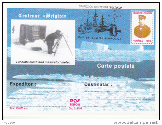 BELGICA ANTARCTIC EXPEDITION, SHIP, PENGUINS, G. LECOINTE, PC STATIONERY, ENTIER POSTAL, 1998, ROMANIA - Antarctische Expedities