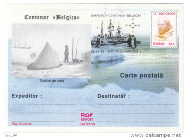 BELGICA ANTARCTIC EXPEDITION, SHIP, PENGUINS, H. JOHANSEN, PC STATIONERY, ENTIER POSTAL, 1998, ROMANIA - Antarctische Expedities