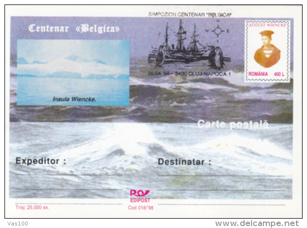 BELGICA ANTARCTIC EXPEDITION, SHIP, PENGUINS, A. WIENCKE, PC STATIONERY, ENTIER POSTAL, 1998, ROMANIA - Antarctische Expedities