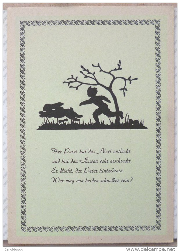 Cpa LITHO FOND VERT Fable Texte ALLEMAND Illustrateur Silhouette Ombre Garcon PETER Et Lapin Paques - Silhouetkaarten