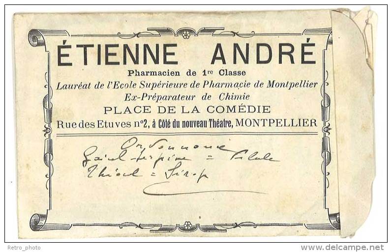 Pochette Papier Etienne André, Pharmacien De 1ere Classe, Place De La Comédie, Montpellier - Autres & Non Classés