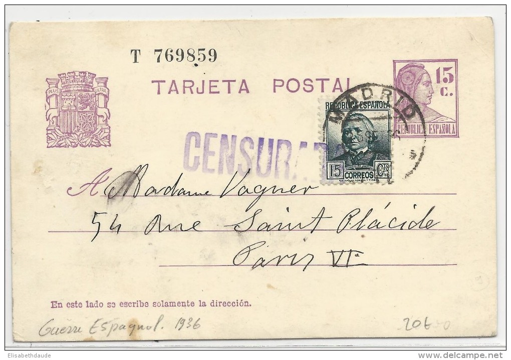 ESPAGNE - 1936 - CARTE ENTIER De MADRID Avec CENSURE Pour PARIS - 1931-....