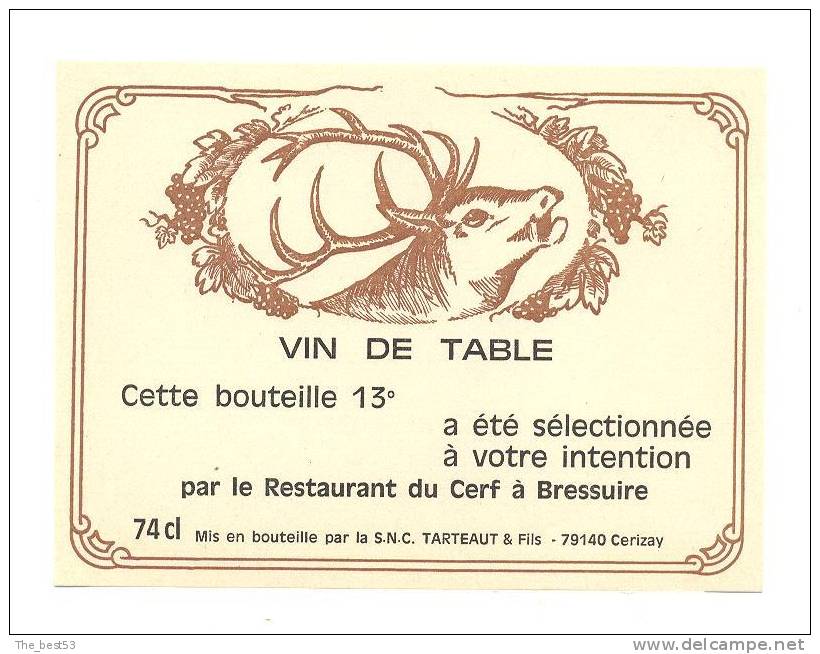 Etiquette De Vin De Table 74 Cl -  Restaurant Du Cerf à Bressuire (79) - Thème Chasse Cerf - Herten