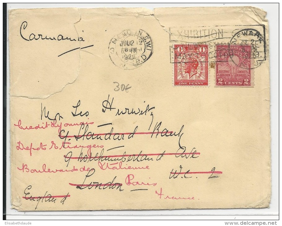 GB / USA - 1929 - MIXTE TIMBRES US + ANGLAIS (PERFORE) Sur ENVELOPPE De NEWARK Pour LONDON REEXPEDIEE à PARIS - Marcofilia