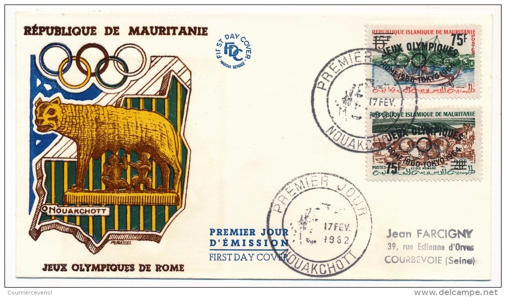 MAURITANIE => Enveloppe FDC => Jeux Olympiques Rome - Tokyo (surchargés) - 17 Fev 1962 - Nouakchott - Mauritanie (1960-...)