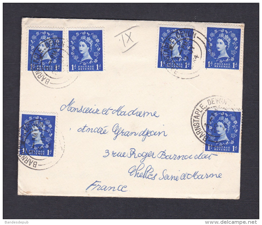 UK Marcophilie Queen Elisabeth II 1 Blue X 6 De Barnstaple Vers France Chelles - Marcophilie