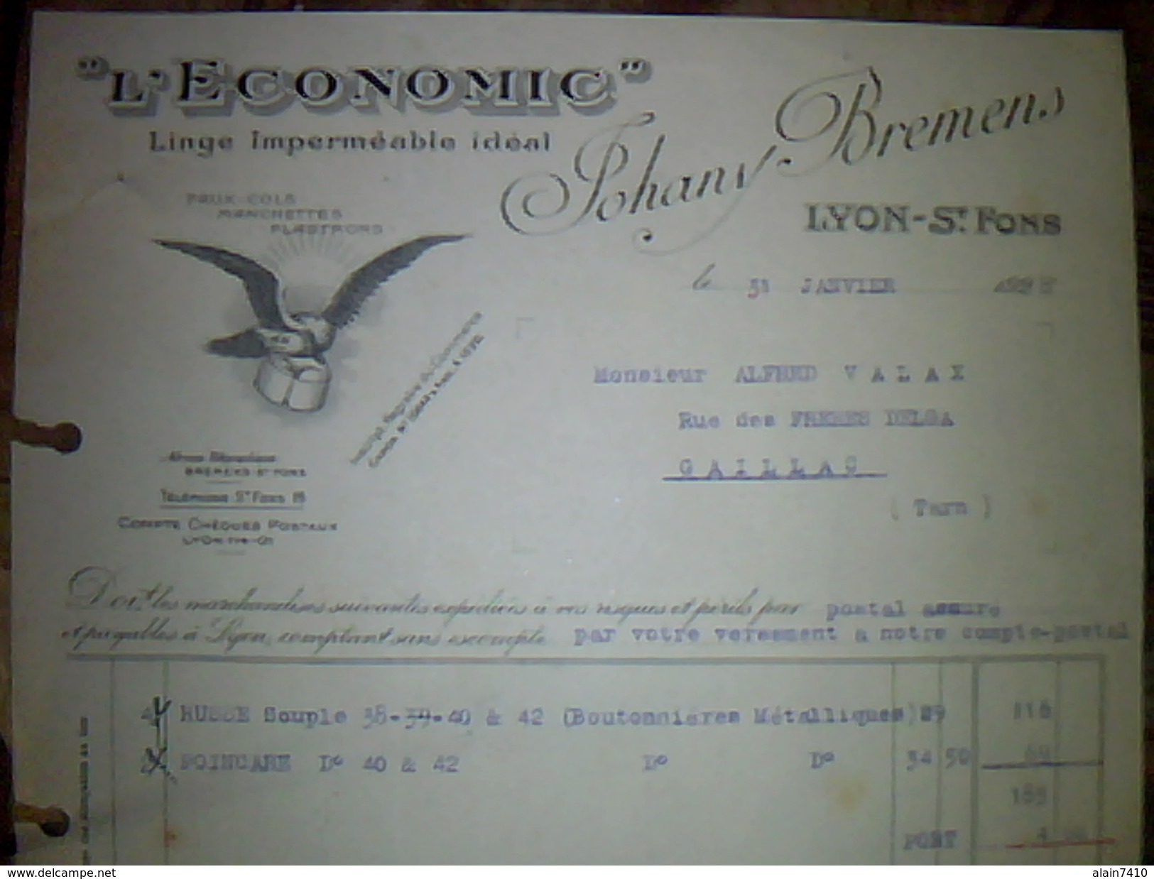 Vieux Papiers Facture De 1928 L Economic Linge Impermeable Ideat Johany Bremens A Lyon St Fons - Autres & Non Classés