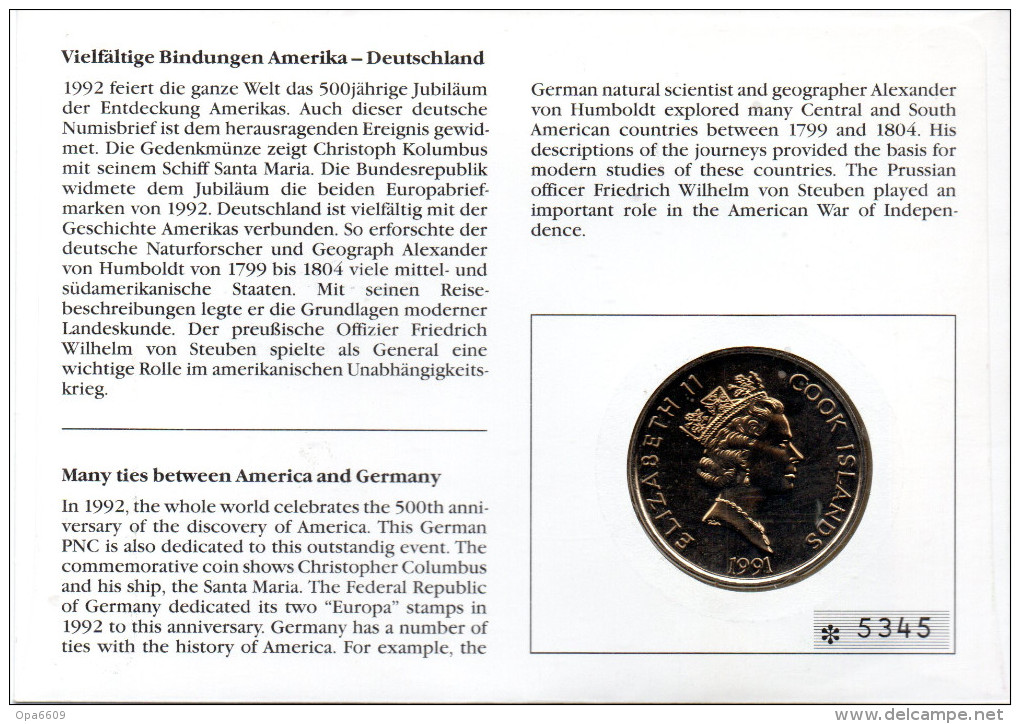 BRD Numisbrief "500 Jahre Amerika" 7.5.1992 BONN Mit 5$ Cook Islands 1991 (Münze) 60,100Pf. 1992 Entdeckung Amerikas - Altri & Non Classificati