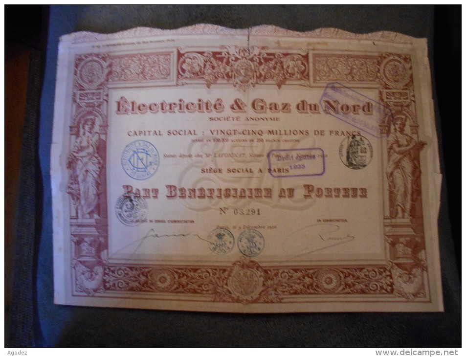 Part Beneficiaire" Electricité Et Gaz Du Nord " Paris 1910 (electricity,gas). N°03291 - Electricité & Gaz